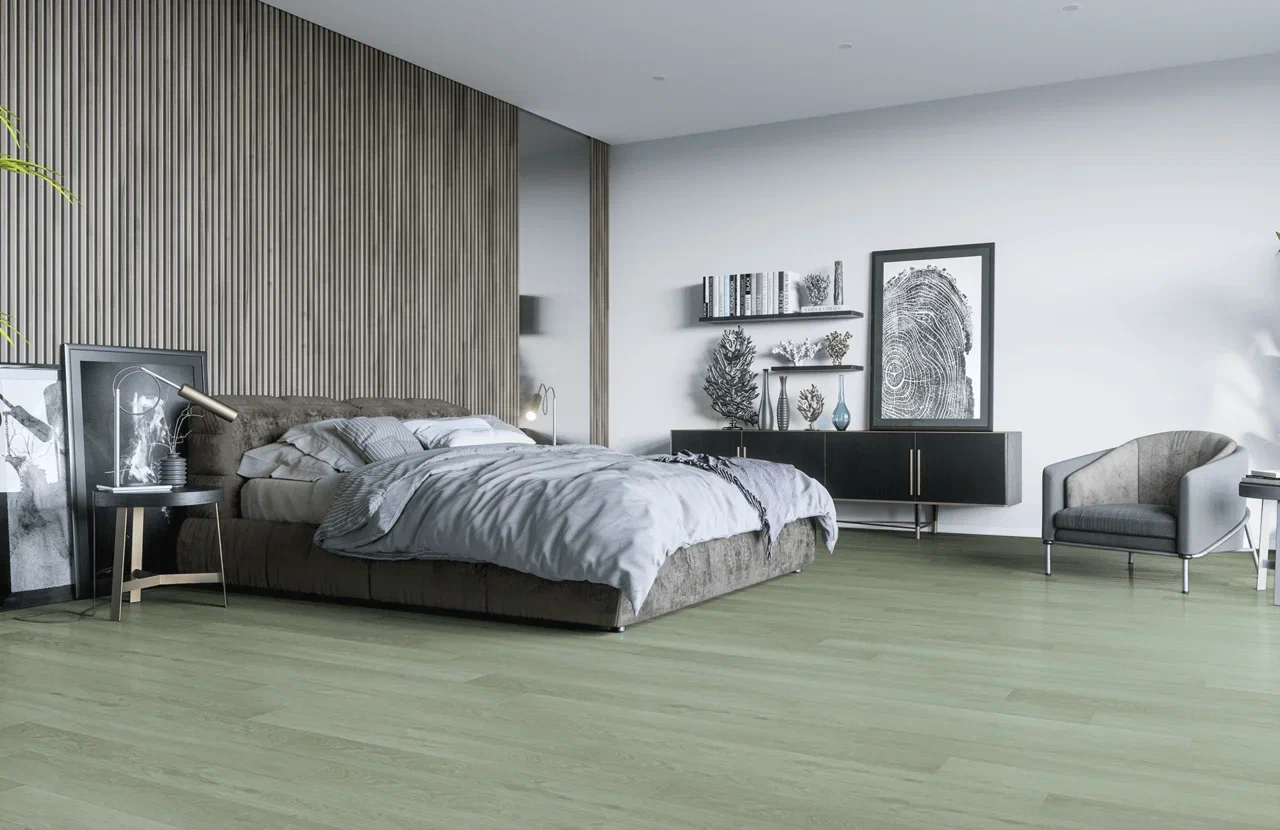 Кварцвиниловый SPC ламинат Home Expert Natural Дуб Густой туман 2106-12 1220×150×3,5 фото в интерьере